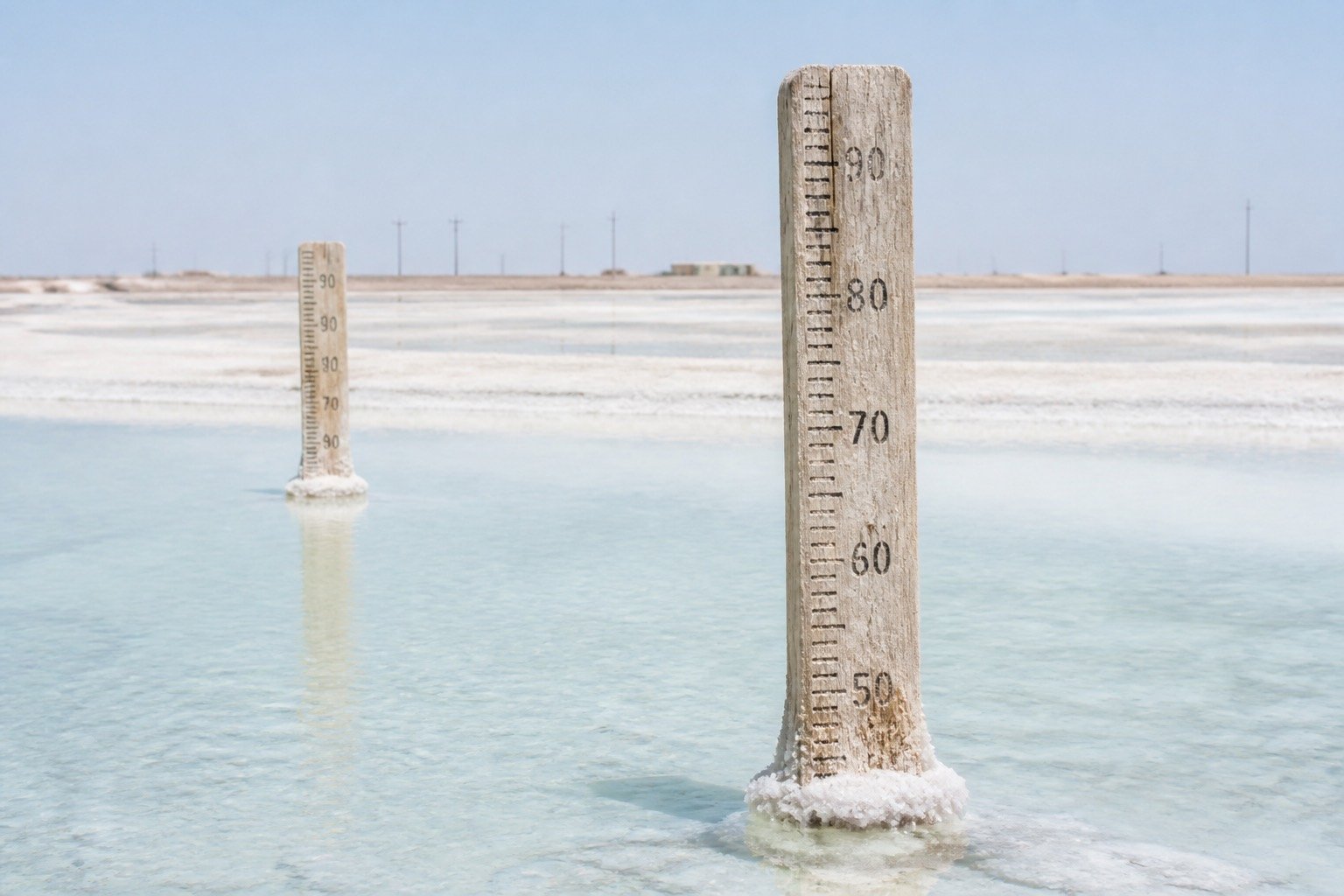 Sun-bleached measurement sticks in a shallow turquoise brine pan