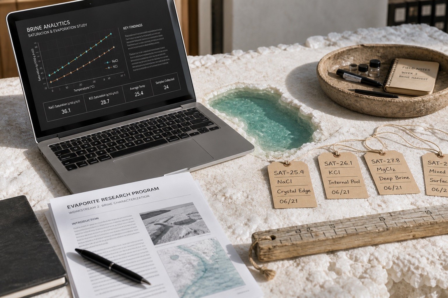 Research documents and a laptop on a pale mineral table beside brine-turquoise notes