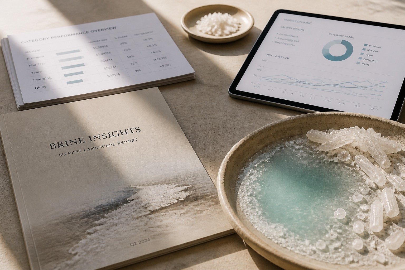 Tablet charts beside a brine dish and crystal shards on a clay tray